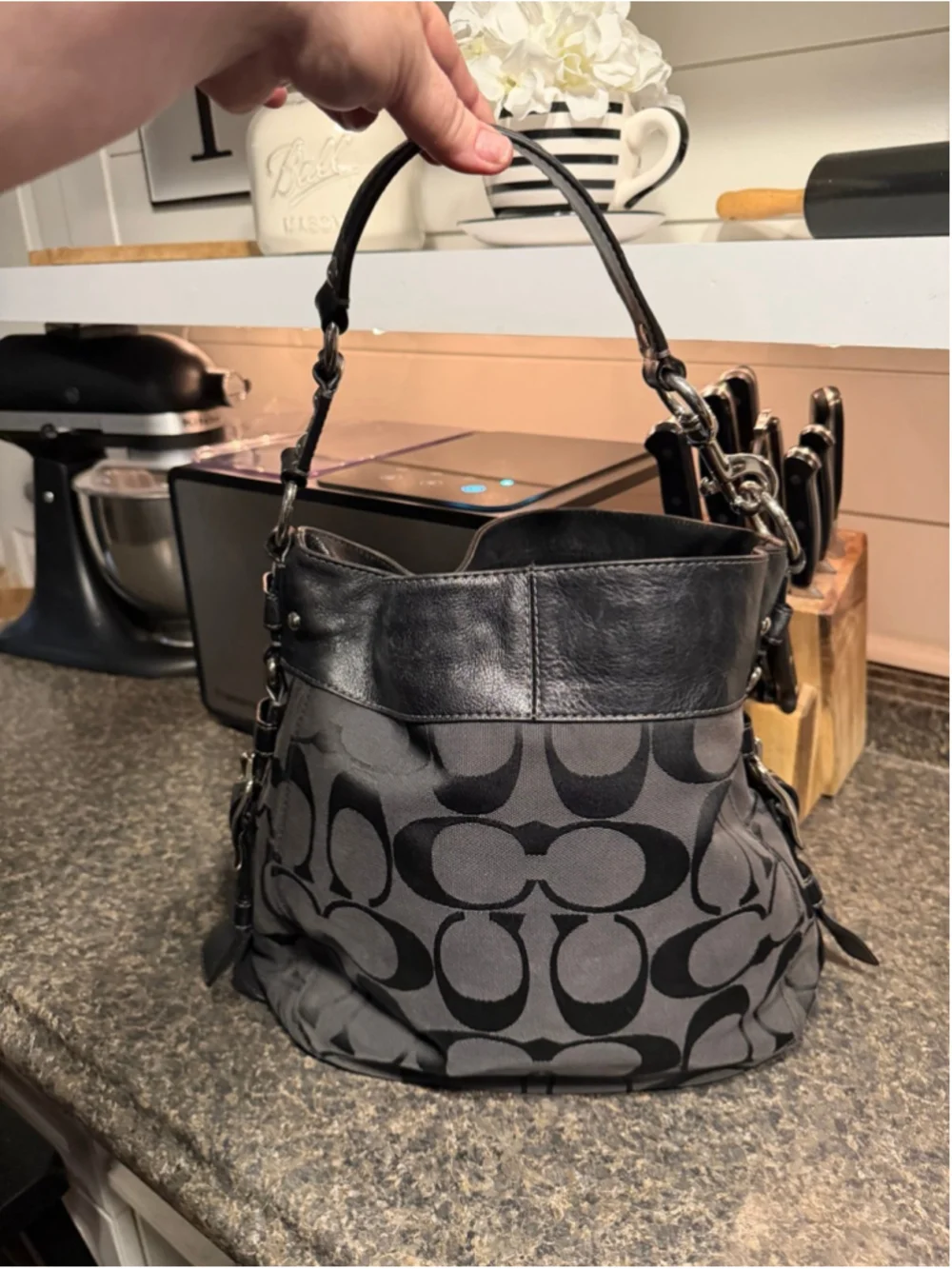 Coach Zoe Signature Jacquard Hobo Bag Black Leather Trim